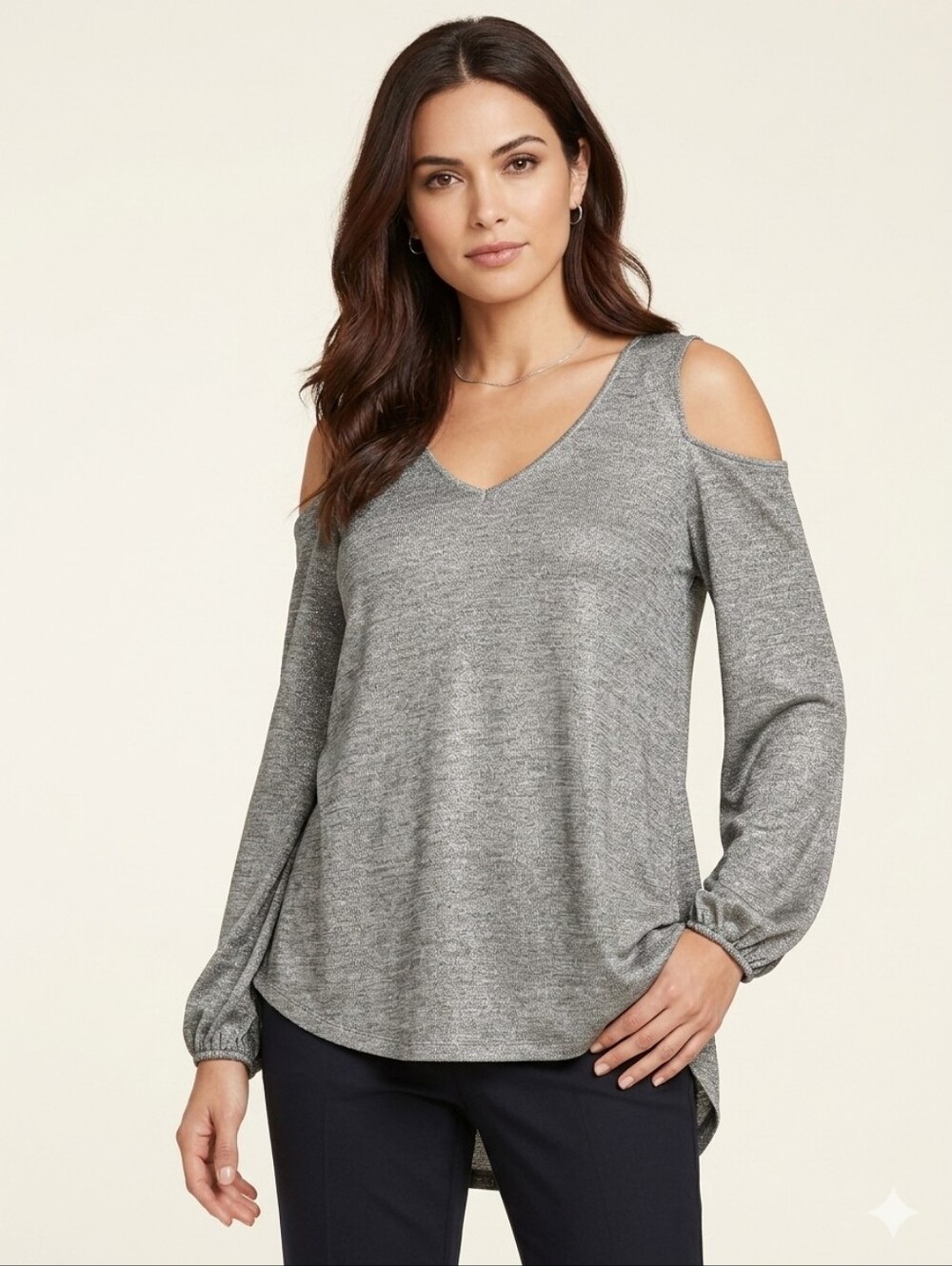 JONES NEW YORK CHIC METALLIC SILVER-GRAY COLD-SHOULDER BLOUSE SIZE LARGE 🌟